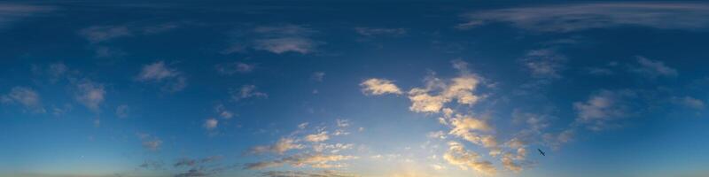 Dark blue sunset sky panorama with Cumulus clouds. Seamless hdr pano in spherical equirectangular format. Complete zenith for 3D visualization, game and sky replacement for aerial drone 360 panoramas. photo