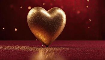 AI Generated Love, Heart, Celebration. heart on textured surface beneath, soft focus golden lights create bokeh in background. Celebration card or romantic events invitation. Valentine day photo