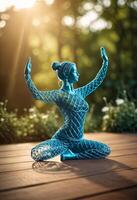 AI Generated Woman in yoga pose, bent wire figure on nature backdrop, Creative figures symbol of yoga and harmony, art and serenity intersection. Female fitness yoga routine concept. Healthy lifestyle photo