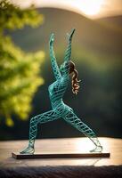 AI Generated Woman in yoga pose, bent wire figure on nature backdrop, Creative figures symbol of yoga and harmony, art and serenity intersection. Female fitness yoga routine concept. Healthy lifestyle photo