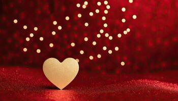 AI Generated Love, Heart, Celebration. heart on textured surface beneath, soft focus golden lights create bokeh in background. Celebration card or romantic events invitation. Valentine day photo