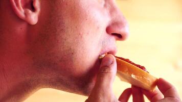 Young, happy man eats sandwich with cheese, sausage and ketchup on beach by sea. Takeaway food. Lunch break. Silhouette head of male tourist sitting on beach and eating sandwich, slow-motion. Profile video