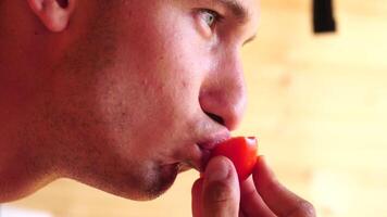 jovem, feliz homem come sanduíche com queijo, linguiça e ketchup em de praia de mar. Leve embora Comida. almoço pausa. silhueta cabeça do masculino turista sentado em de praia e comendo sanduíche, câmera lenta. perfil video