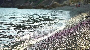 abstrakt hav sommar hav solnedgång natur bakgrund. små vågor på gyllene vatten yta i rörelse fläck med gyllene bokeh lampor från Sol. Semester, semester och rekreations begrepp. ingen långsam rörelse video