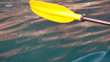 kayak, pagaia, tramonto - Basso angolo Visualizza al di sopra di chiaro azzurro mare acqua. sole bagliore. astratto nautico estate oceano natura. vacanza, vacanza e viaggio concetto. video