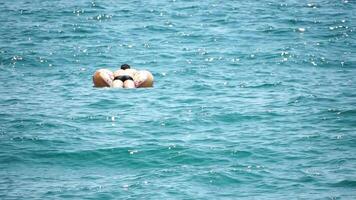 estate vacanza uomo galleggia su un gonfiabile ciambella materasso, un' acqua giocattolo nuotare squillo. positivo contento uomo rilassante e godendo famiglia estate viaggio vacanze vacanza su il mare. lento movimento video