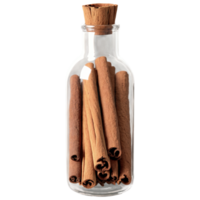 AI Generated Cinnamon sticks, rich brown, rolled bark with a textured surface in a clear glass bottle, side view, close-up spice, isolated on transparent background png