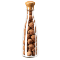 ai généré noix de muscade, lumière brun, entier la graine avec une légèrement ridé surface dans une voir à travers verre bouteille, côté personne png
