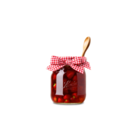 AI Generated Strawberry jam in a clear glass jar tied with a red gingham bow wooden spoon png