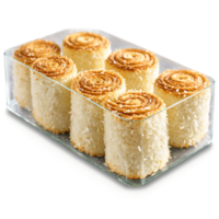 AI Generated Coconut rolls spiral shaped and flaky in a clear glass box frontal png