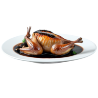 AI Generated roasted quail, stuffed with mushrooms and served with a balsamic glaze, capt png