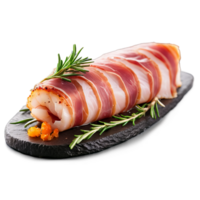 ai généré rôti la lotte filet enveloppé dans prosciutto garni avec Romarin coup avec une macro lentille png