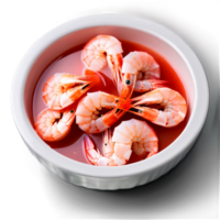 ai généré bouilli crevettes rose et blanc Couleur garni avec cocktail sauce capturé de une haute angle png