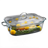 ai généré verre casserole plat avec une ajusté couvercle et grand poignées bouillonnant avec une réconfortant four png