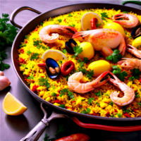 ai generato paella un' vivace e saporito paella, in mostra un' colorato medley di infuso allo zafferano Riso, succulento S png