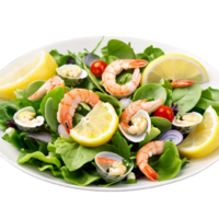 AI Generated Seafood salad mixed greens garnished with lemon vinaigrette shot with a soft focus background png