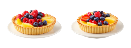 AI Generated Fruit tart with assorted fresh berries vanilla custard filling buttery shortcrust pastry glossy glaze. Culinary and Food concept png