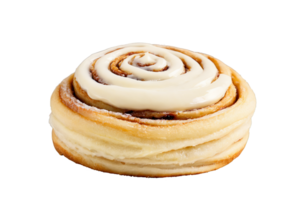 AI Generated Cinnamon roll with gooey spiral layers cream cheese frosting soft and fluffy texture Culinary png