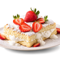 ai generiert Erdbeere Shortcake mit flauschige Keks ausgepeitscht Sahne geschnitten Erdbeeren abgestaubt mit pulverisiert Zucker kulinarisch png