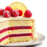 AI Generated Lemon raspberry cake slice with moist layers raspberry filling lemon buttercream frosting fresh raspberry garnish png