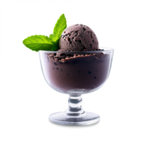 AI Generated Mint chocolate chip ice cream in a clear glass bowl with a sprig of fresh png