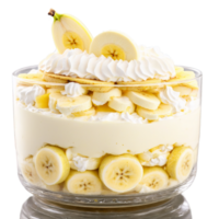 ai generato Banana budino con strati di vaniglia wafer cremoso budino affettato banane frustato crema guarnizione culinario png