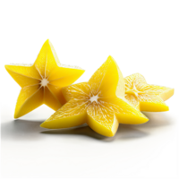 ai generado carambola brillante amarillo estrella conformado rebanadas crujiente corazón forma con sutil oscuridad comida y culinario png