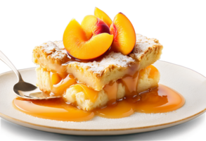 AI Generated Peach cobbler with golden brown biscuit topping juicy peach filling bubbling syrup rustic appearance Culinary png
