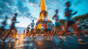 ai generado diverso maratón corredores, eiffel resplandor a oscuridad foto