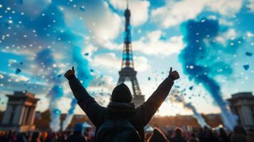 AI generated Joyful Celebration at Eiffel Tower, Paris photo