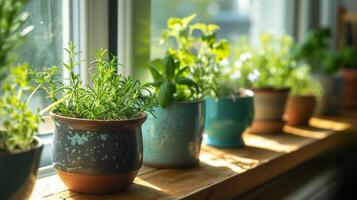 AI generated Sunny Herb Garden on Windowsill Display photo