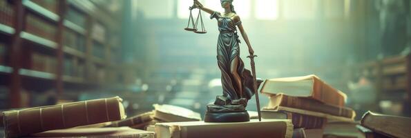AI generated Lady Justice Statue Among Vintage Books photo