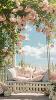 ai generado un pintoresco verano imagen destacando un rústico jardín con rosas foto
