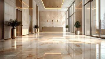 AI generated Luxurious modern hotel lobby interior with clean lines, marble floors, and large windows reflecting abundant natural light photo