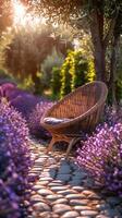 ai generado calma jardín con lavanda arbustos y Sillón en calentar ligero foto