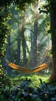 AI generated An idyllic summer scene with a vibrant hammock under the trees photo