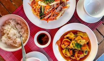 Asian Cuisine Overhead, Rice, Noodles, Curry photo