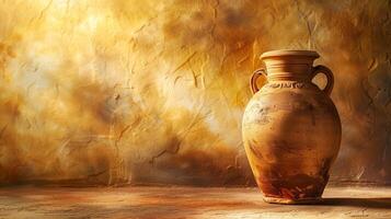 AI generated Ancient ceramic pottery jug against a textured golden background, with a warm, rustic Mediterranean ambiance, ideal for historical or cultural themes photo