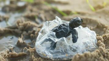 ai generado recién nacido mar Tortuga navegando mediante el plastico contaminación en arenoso playa, destacando ambiental cuestiones y mundo océanos día foto