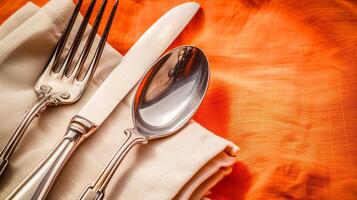 AI generated Elegant silverware set on an orange linen tablecloth, depicting a high end dining concept, ideal for festive or Thanksgiving themes photo