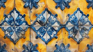 AI generated Traditional Portuguese azulejo tiles with ornate blue and white floral patterns on a yellow background, ideal for cultural and design themes photo