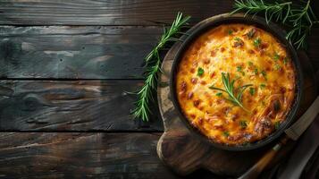 AI generated Golden brown homemade shepherds pie in a black skillet garnished with fresh rosemary and parsley on a rustic wooden background, ideal for cozy family dinners photo