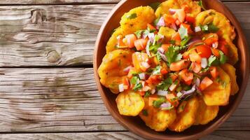 ai generado tostones con Fresco tomate salsa Adición en un de madera mesa, un popular plato en latín americano cocina, adecuado para culinario temas y Hispano patrimonio celebraciones foto