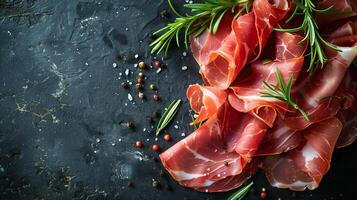 AI generated Sliced prosciutto with fresh rosemary and mixed peppercorns on a textured black slate background, gourmet Italian appetizer concept photo