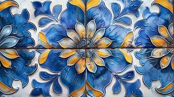 AI generated Detailed ceramic tile artwork with a vibrant blue and yellow floral pattern, ideal for interior design projects or as a background texture photo