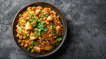 AI generated Delicious chicken and shrimp paella with fresh parsley served in a dark bowl on a textured black background, ideal for culinary themes and restaurant menus photo