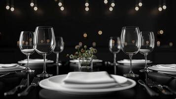 ai generado elegante comida mesa ajuste con vino anteojos, platos, y cuchillería en un lustroso negro superficie, destacado por suave bokeh luces ideal para exclusivo eventos o romántico cenas foto