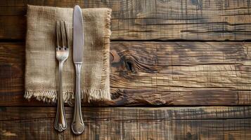 ai generado elegante inoxidable acero tenedor y cuchillo en un rústico arpillera servilleta en contra un oscuro de madera mesa fondo, ajuste un tema para gastrónomo comida o acción de gracias concepto foto