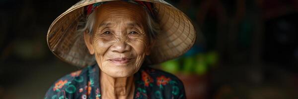 ai generado retrato de un sonriente mayor Sureste asiático mujer vistiendo un tradicional cónico sombrero, personificando cultural patrimonio y sabiduría foto