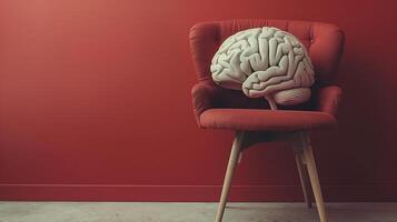 AI generated A human brain as a cushion on a red modern armchair against a red background, representing concepts of psychology, intelligence, and mental health with a creative twist photo